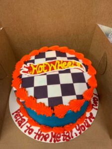Hot Wheels checker cake stating at $26.99 (feeds 12-16)