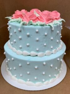 Blue polka dot tiered cake starting at $69.99 (feeds 30)
