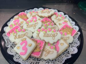 Roses and crowns cookies; needs 2 weeks notice. $3 per cookie