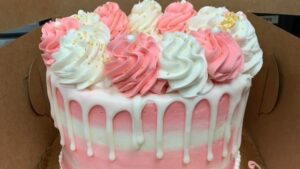 Pink and white strip drip cake starting at $21.99 (feeds 12-16)