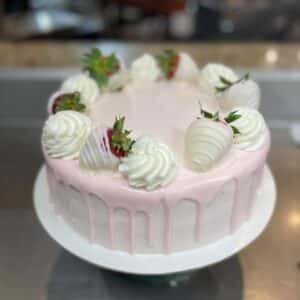 White chocolate strawberry drip cake starting at $29.99 (feeds 12-16)